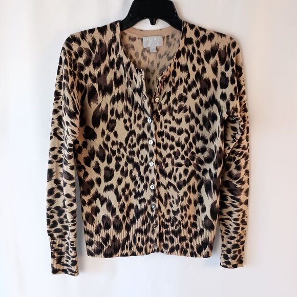 Pure Collection 100% Cashmere Cardigan Sweater Animal Print Size 4 Retails $210 - Picture 1 of 6